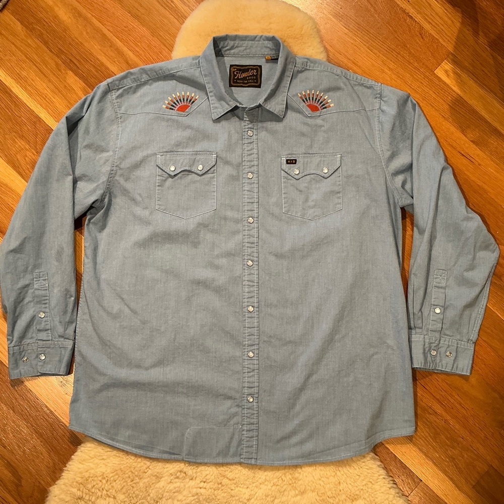Howler Bros western chambray embroidered pearl snap shirt
